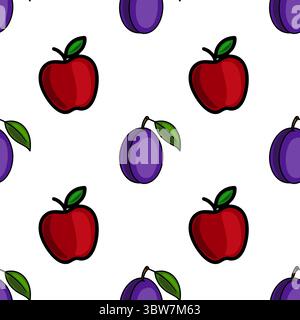 Nahtloses Vektormuster mit stilisierten roten Äpfeln und violetten Pflaumen, die ein lebendiges und verspieltes Fruchtdesign schaffen, das sich perfekt für verschiedene Anwendungen eignet. Stock Vektor