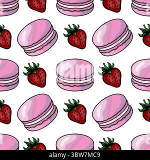 Nahtloses Vektormuster von rosa Makronen und Erdbeeren, eine entzückende Illustration von süßen Leckereien perfekt für Bäckerei Branding oder Dessert-Themen-des Stock Vektor