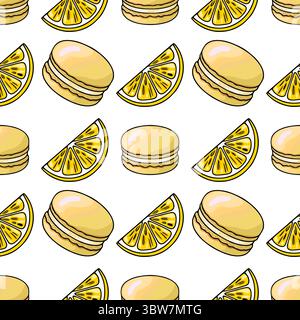 Nahtloses Vektormuster aus pastellgelben Macarons und Zitronenscheiben, eine entzückende Illustration, die perfekt für Sommer-Motive ist und eine lebendige Darstellung zeigt Stock Vektor