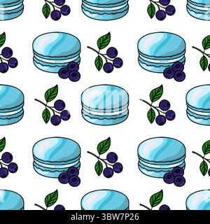 Nahtloses Vektormuster von handgezeichneten hellblauen Macarons und Heidelbeeren auf einem weißen Hintergrund, wodurch ein zartes und appetitliches Design entsteht, perfekt für Stock Vektor