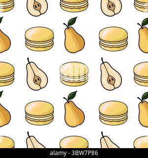 Nahtloses Vektormuster aus pastellgelben Macarons und Birnen, eine entzückende Illustration perfekt für Bäckerei Branding oder süße Designs. Stock Vektor