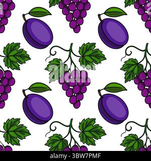 Nahtloses Vektormuster mit handgezeichneten Pflaumen und Trauben in leuchtenden violetten und grünen Tönen, die ein frisches und saftiges Design schaffen, das perfekt für verschiedene Arten ist Stock Vektor