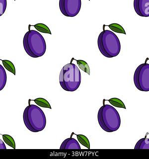 Nahtloses Vektormuster aus handgezeichneten Pflaumen mit Blättern, mit einem leuchtenden violetten Farbton und umrissenem Stil für ein frisches und organisches Design. Stock Vektor