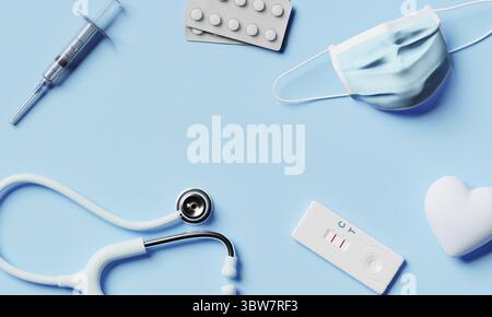 Medizinische Hilfsmittel und Hilfsmittel auf blauem Papierhintergrund. Gesundheit und gesundes Konzept. 3D Darstellung von Illustrationen Stockfoto