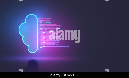 API-Konzept. Cloud-Repository für Teamarbeit bei der Softwareentwicklung. Der Programmtext wird im Neonsymbol des digitalen Cloud-Speichers angezeigt. Anwendungsprogramm Stock Vektor