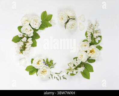 Dekorative Komposition im Retro-Stil, bestehend aus weißen Wildrosen und weißen Johannisbrotblüten mit grünen Blättern auf weißem Hintergrund. Draufsicht, flach Stockfoto
