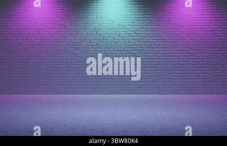 Helles leeres Zimmer aus Ziegelstein mit violettem und blauem Spotlight Hintergrund. Cyberpunk Stil und Theaterbühnentheater Konzept. Architektur und Interio Stockfoto
