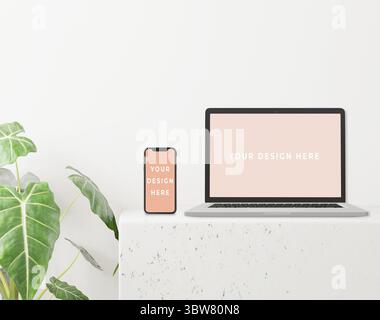 3D-Rendering intelligenter Geräte. Alle Bildschirmgrafiken für das Modell. Notebook, Smartphone, minimale Szene Stockfoto