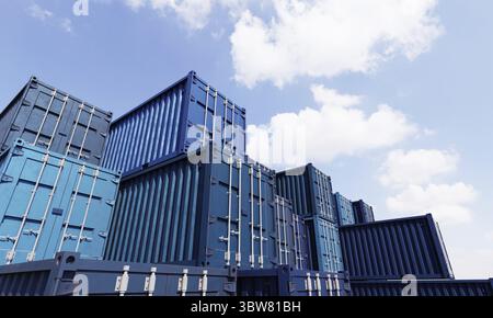 Stapel von blauen Container-Boxen mit Himmel Hintergrund. Frachtschifffahrt für die Import- und Exportlogistik. Business- und Transportkonzept. 3D Abb. Stockfoto