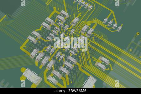 3D-CAD-Rendering einer mehrschichtigen Leiterplatte mit BGA-Chip-Routing, Signalkurven und Entkopplungskondensatoren, die in modernen elektronischen Schaltungen verwendet werden Stockfoto