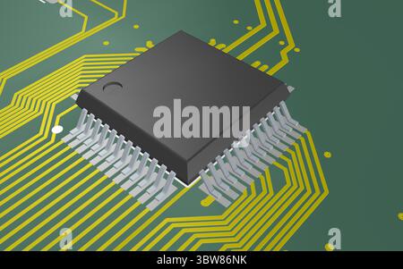 Leiterplatte RAMDAC TQFP, 3D-Leiterplatten-IC-Chip-Microchip-Routing Stockfoto