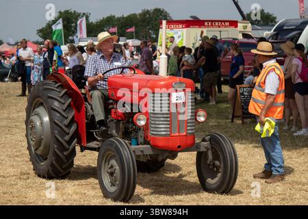 Ein Mann, der einen Massey Ferguson 65 Traktor an einem sonnigen Tag fährt. Stockfoto