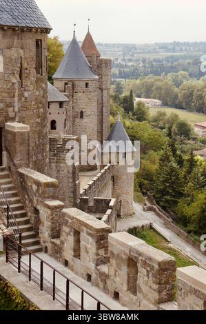 Mittelalterliche Türme und Stadtmauern, Cité de Carcassonne, Frankreich Stockfoto