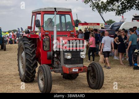 Ein roter Massey Ferguson 135-Traktor, der von jemandem gefahren wird, der an einem sonnigen Tag auf einer Landmesse an einem Traktorlauf teilnimmt. Stockfoto