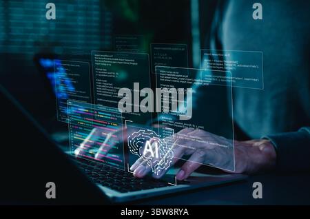 KI-Codierungsassistent für Software-Entwicklungskonzept. Machine Learning Code, Programmierer verwenden Laptop mit Code und KI Gehirn Stockfoto