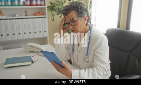 Leitende Ärztin mit grauen Haaren und Brille, die ein Tablet in einem Klinikbüro überprüft, das durchdacht aussieht und konzentriert mit Mappen und Pflanzen in der Badewanne ist Stockfoto