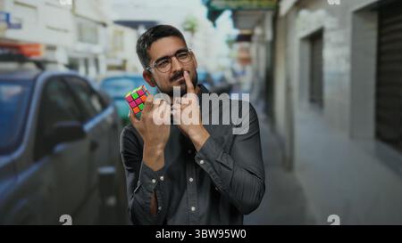 Junger Mann mit einer Brille, der einen rubik-Würfel hält, der auf einer Stadtstraße nachdenkt und Nachdenklichkeit und Intelligenz in einem urbanen Umfeld zeigt. Stockfoto