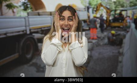 Die junge blonde Frau zeigt mit dem Finger nach oben auf eine geschäftige Baustelle mit schweren Maschinen; überraschende Freude bei der Entdeckung. Stockfoto