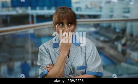Die Reinigungsfrau auf dem Kreuzfahrtschiff sieht überrascht aus, trägt Uniform, steht draußen auf dem Bootsdeck, hispanische Ethnie, mittleres Alter, Hand an Gesicht haltend, Stockfoto
