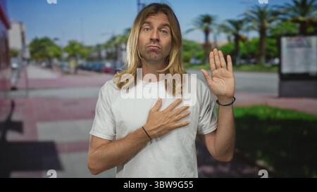 Mann mit langen blonden Haaren in weißem T-Shirt hält eine Hand auf der Brust und hebt die andere Hand auf einer sonnigen Straßenszene; persönliches Versprechen gelobt Aufrichtigkeit. Stockfoto