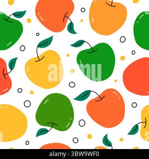 Äpfelmuster. Nahtloser Vektor-Hintergrund mit flachen bunten Äpfeln. Wiederkehrendes Sommerdesign, Grafikdruck mit schlichten Früchten Stock Vektor