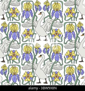 Nahtloses Vintage-Muster mit modernen handgezeichneten eleganten Schwan und gelben lila Irisblumen im Jugendstil Stock Vektor