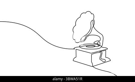 Vintage-Phonograph – durchgehende Strichzeichnung. Antikes Grammophon minimale Umrissskizze. Audio-Design für Musik Vinyl-Retro-Sound. Minimalistisches Stylenkunst in weiß Stock Vektor