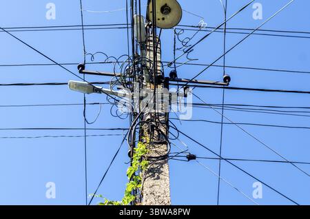 Mast mit elektrischen Leitungen und Straßenbeleuchtung mit grünen Blättern vor blauem Himmel Stockfoto