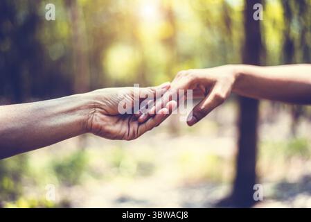 Nahaufnahme der helfenden Hand des Menschen während der Fahrt in den Wald. Hand in Hand zusammen. Zwei Hände, die für die Unterstützung der jeweils anderen. Menschen und Harmonie Konzept Stockfoto