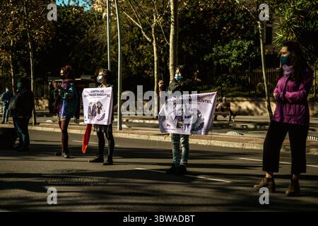 22. November 2020, Barcelona, Katalonien, Spanien: Feministinnen und Feministinnen bauen mit ihren Plakaten eine Menschenkette durch Barcelona auf, um den Internationalen Tag zur Beseitigung von Gewalt gegen Frauen zu feiern (Bild: © Matthias Oesterle/ZUMA Wire) Stockfoto