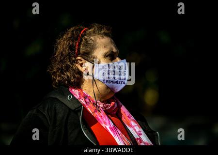22. November 2020, Barcelona, Katalonien, Spanien: Eine Feministin trägt eine schützende Gesichtsmaske gegen das Coronavirus verbreitet mit der Aufschrift „lebendig und rebellisch – november-Feministinnen“, während sie Teil einer menschlichen Kette durch Barcelona ist, um den Internationalen Tag zur Beseitigung der Gewalt gegen Frauen zu feiern (Credit Image: © Matthias Oesterle/ZUMA Wire) Stockfoto