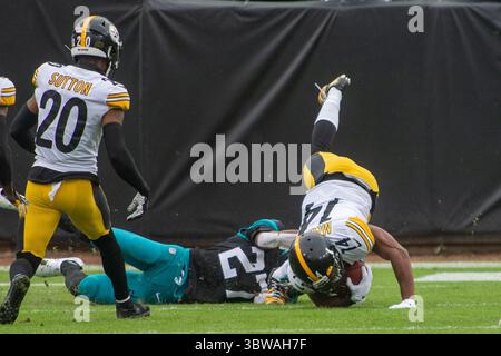 22. November 2020, Jacksonville, Florida, USA: Pittsburgh Steelers Wide Receiver RAY-RAY MCCLOUD (14) wird von Jacksonville Jaguars Cornerback CHRIS CLAYBROOKS (27) nach dem Punt im ersten Quartal auf dem TIAA Bank Field in Jacksonville, Florida, abgezogen. Die Pittsburgh Steelers besiegten die Jacksonville Jaguars 27-3 und gingen 10-0 in der Saison. (Kreditbild: © Michael Johnson/ZUMA Wire) Stockfoto
