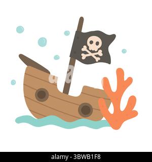 Versunkenes Piratenschiff mit Schädelflagge, Korallenriff und Blasen, ideal für gruselige Meeresgeschichten, nautische Dekorationen und geheimnisvolle Unterwasserszenen Stock Vektor