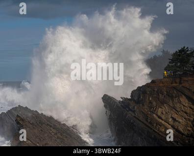 25. November 2020, Charleston, OREGON, USA: Massive Wellen brechen im Shore Acres State Park nahe Charleston an der südlichen Küste von Oregon ab. Der National Weather Service hat eine Warnung für die hohe Brandung in der Region ausgegeben. Bis Donnerstag werden Wellen von bis zu 25 Fuß erwartet. (Bild: © Robin Loznak/ZUMA Wire) Stockfoto