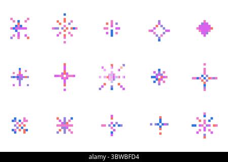 Pixel funkelt und Sterne Retro 8-Bit-Symbole für Spiele UX Design Feuerwerk Effekt Raumdekor 90er Jahre Y2K Pixel Art Grafikset. Feuerwerk geplatzt, Raumdekoration. Vektorabbildung Stock Vektor