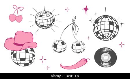 Discokugel y2k Junggesellinnentätowierung Skizze. Discokugel mit Hut, Vinyl, Kirschdisco-Set. Doodle glänzende Nachtleben Musik Illustration. Groovige 2000-Party. Vektorabbildung Stock Vektor