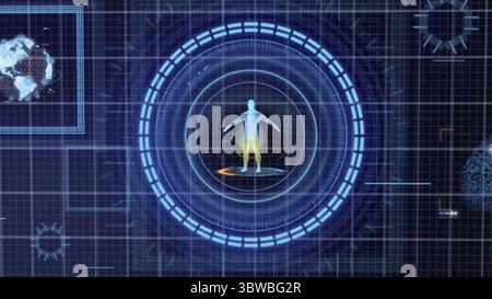 Futuristisches blaues Raster für HUD Medicine Personal Data zeigt Hintergrund an. Hologramm des menschlichen Körpers und Organs. Konzept für Gesundheits- und Geschäftstechnologie. D Stockfoto