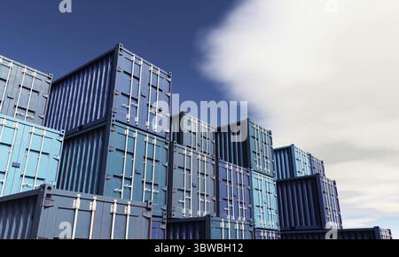 Stapel von blauen Container-Boxen mit Himmel Hintergrund. Frachtschifffahrt für die Import- und Exportlogistik. Business- und Transportkonzept. 3D Abb. Stockfoto