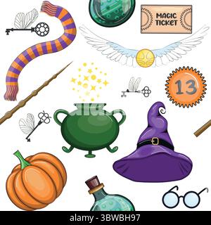 Magische Gegenstände nahtloses Muster in farbenfrohem Cartoon-Stil. Hexerei und Hexerei, Esoterik und Mystik, Okkultismus Stock Vektor