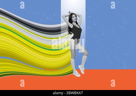 Postercollage einer Person, die mit fließenden Farblinien auf blauem Hintergrund posiert Stockfoto