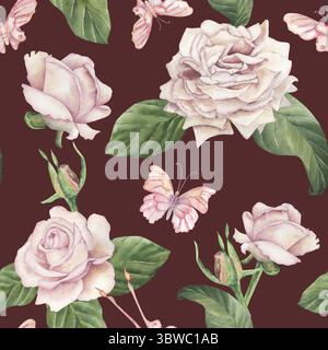 Nahtloses Aquarellmuster mit rosafarbenen Rosen, grünen Blättern, Schmetterlingen auf einem reichen weinreichen Hintergrund. Abbildung handgezeichnet. Für Stockfoto