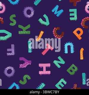 ABC Nahtloses Muster im einfachen Cartoon-Stil. Niedlicher Dinosaurier-Alphabet-Druck - handgezeichnetes, nahtloses Muster-Design mit kindlichem Muster. Digitalpapier. Stock Vektor