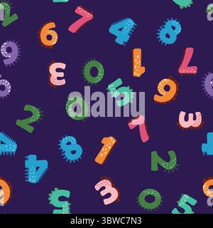 ABC Nahtloses Muster im einfachen Cartoon-Stil. Niedlicher Dinosaurier-Alphabet-Druck - handgezeichnetes, nahtloses Muster-Design mit kindlichem Muster. Digitalpapier. Stock Vektor