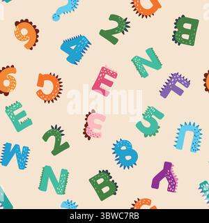 ABC Nahtloses Muster im einfachen Cartoon-Stil. Niedlicher Dinosaurier-Alphabet-Druck - handgezeichnetes, nahtloses Muster-Design mit kindlichem Muster. Digitalpapier. Stock Vektor