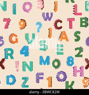 ABC Nahtloses Muster im einfachen Cartoon-Stil. Niedlicher Dinosaurier-Alphabet-Druck - handgezeichnetes, nahtloses Muster-Design mit kindlichem Muster. Digitalpapier. Stock Vektor