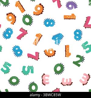 ABC Nahtloses Muster im einfachen Cartoon-Stil. Niedlicher Dinosaurier-Alphabet-Druck - handgezeichnetes, nahtloses Muster-Design mit kindlichem Muster. Digitalpapier. Stock Vektor