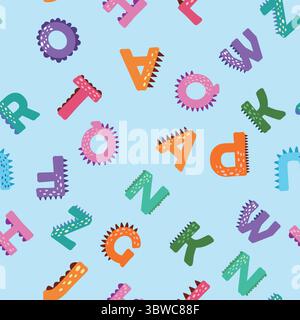 ABC Nahtloses Muster im einfachen Cartoon-Stil. Niedlicher Dinosaurier-Alphabet-Druck - handgezeichnetes, nahtloses Muster-Design mit kindlichem Muster. Digitalpapier. Stock Vektor