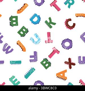 ABC Nahtloses Muster im einfachen Cartoon-Stil. Niedlicher Dinosaurier-Alphabet-Druck - handgezeichnetes, nahtloses Muster-Design mit kindlichem Muster. Digitalpapier. Stock Vektor
