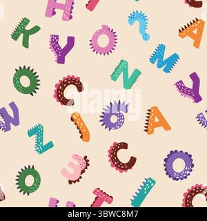 ABC Nahtloses Muster im einfachen Cartoon-Stil. Niedlicher Dinosaurier-Alphabet-Druck - handgezeichnetes, nahtloses Muster-Design mit kindlichem Muster. Digitalpapier. Stock Vektor