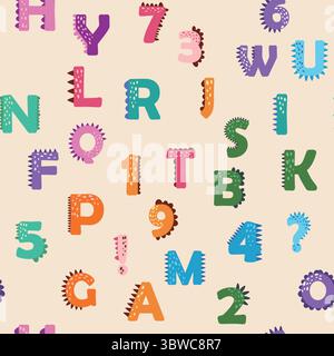 ABC Nahtloses Muster im einfachen Cartoon-Stil. Niedlicher Dinosaurier-Alphabet-Druck - handgezeichnetes, nahtloses Muster-Design mit kindlichem Muster. Digitalpapier. Stock Vektor